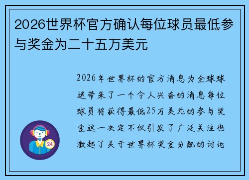 2026世界杯官方确认每位球员最低参与奖金为二十五万美元