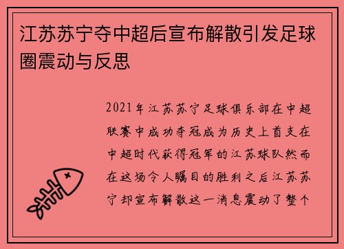 江苏苏宁夺中超后宣布解散引发足球圈震动与反思